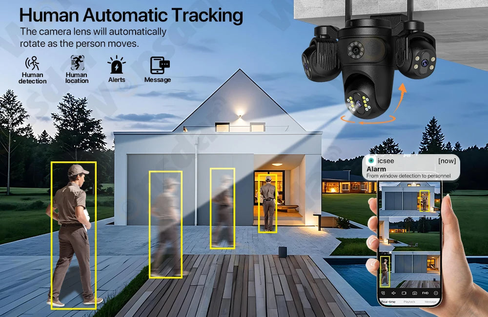 Caméra de Surveillance Extérieure WONSDAR WiFi à Trois Objectifs et Trois Écrans – Suivi Automatique, Vision Nocturne Couleur, Audio Bidirectionnel et IP66