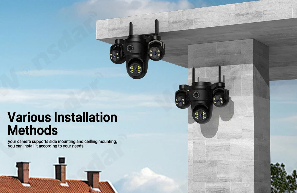 Caméra de Surveillance Extérieure WONSDAR WiFi à Trois Objectifs et Trois Écrans – Suivi Automatique, Vision Nocturne Couleur, Audio Bidirectionnel et IP66