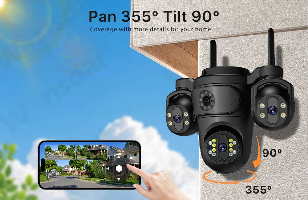 Caméra de Surveillance Extérieure WONSDAR WiFi à Trois Objectifs et Trois Écrans – Suivi Automatique, Vision Nocturne Couleur, Audio Bidirectionnel et IP66