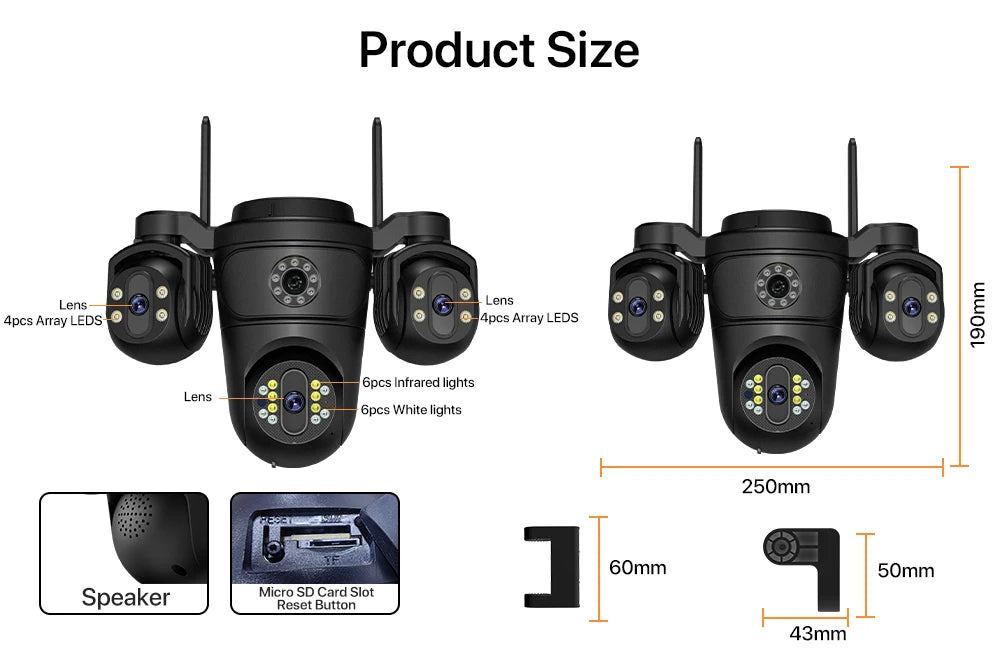 Caméra de Surveillance Extérieure WONSDAR WiFi à Trois Objectifs et Trois Écrans – Suivi Automatique, Vision Nocturne Couleur, Audio Bidirectionnel et IP66