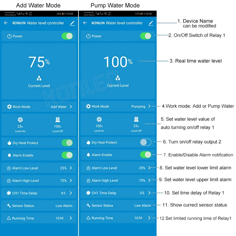 Contrôleur de Niveau d'Eau WiFi KONLEN Tuya – Capteur Intelligent de Gestion et Alarme de Débordement pour Cuve, Réservoir et Piscine 