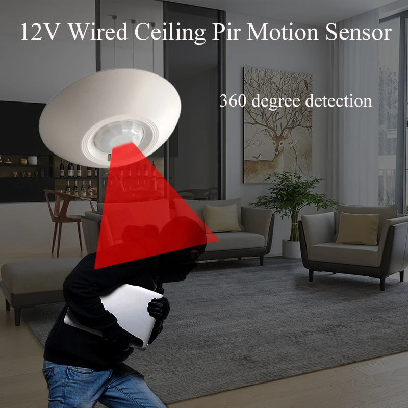 Detector de movimiento Filaire PIR Plafond 360° KONLEN KL-YCS 12V – Capteur Infrarouge Circulaire pour Système d'Alarme Maison et Locaux 