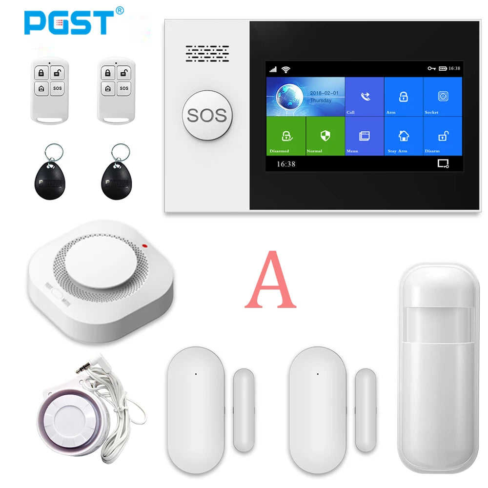 PGST PG107 – Maison Connected Tuya-Alarmsystem mit 4,3-Zoll-Touchscreen, WLAN und GSM, Bewegungs- und Rauchdetektoren
