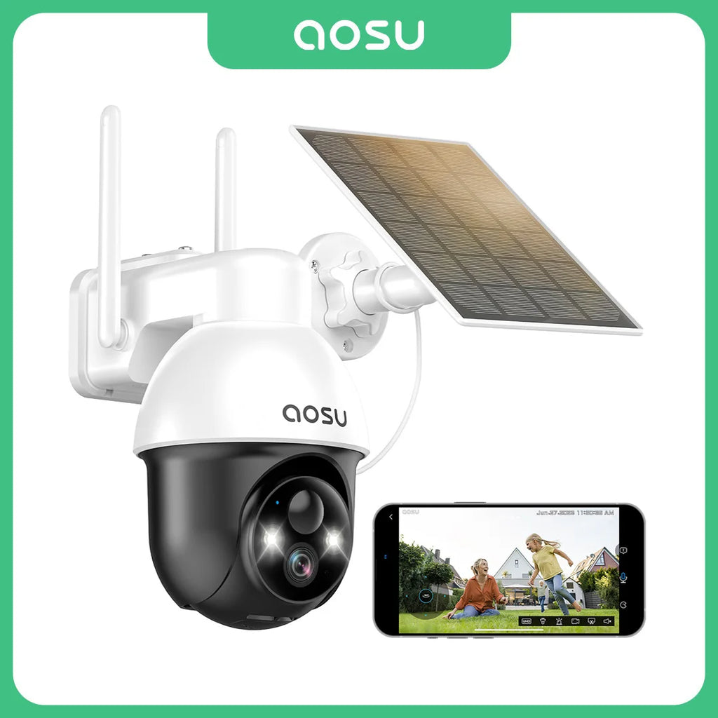 Caméra de Surveillance Extérieure Solaire AOSU 3MP PTZ – WiFi Sans Fil, Batterie Intégrée, Détection Humaine IA, Vision Nocturne Couleur et Audio Bidirectionnel