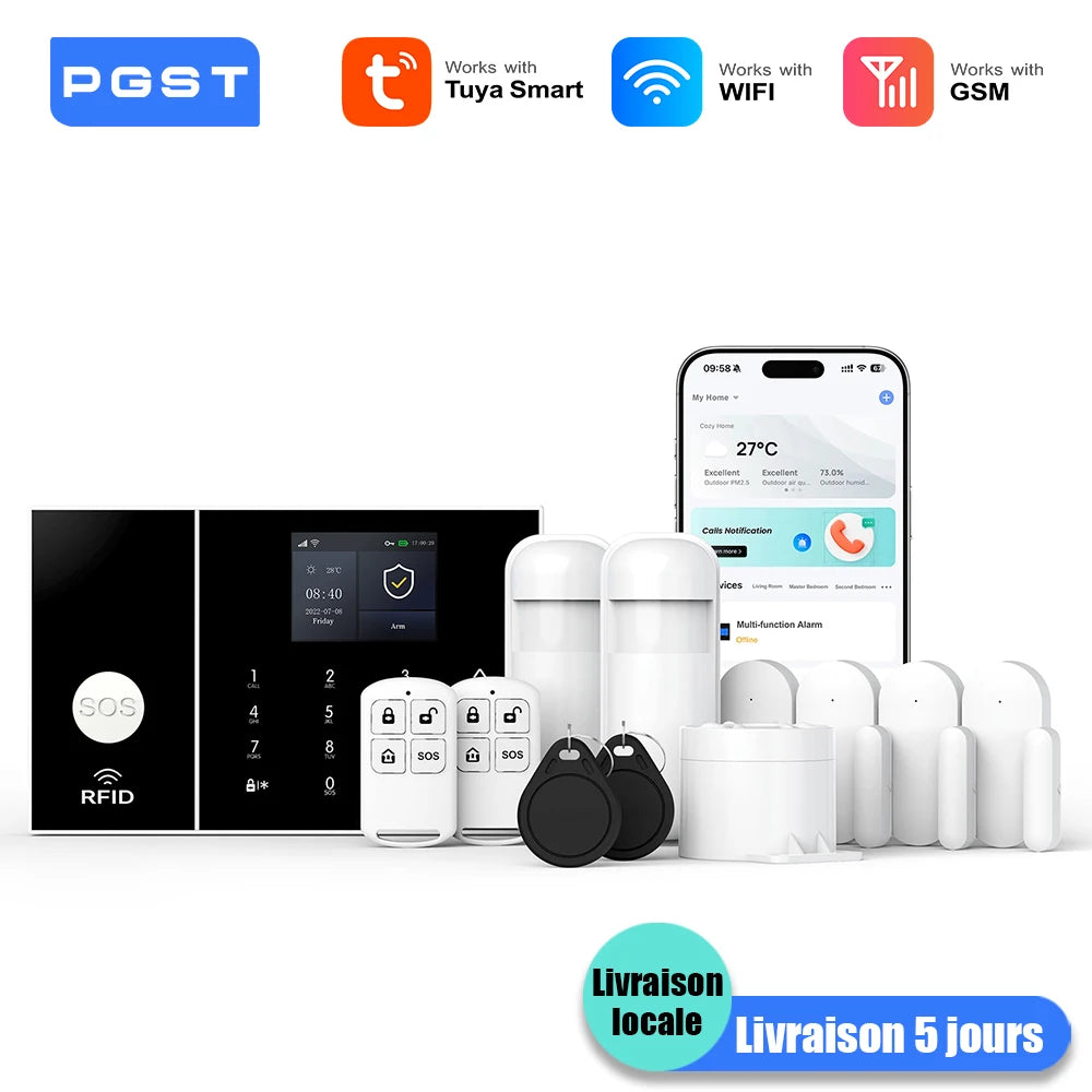 PGST Sistema de alarma para casa WiFi + GSM Tuya A108S – Kit de seguridad sin filtro con detector de movimiento y captadores de puerta/ventana
