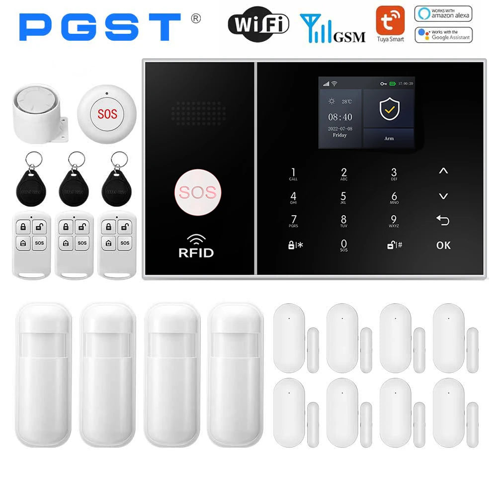 PGST 108-2G – Hausalarmsystem mit Tuya-WiFi- und GSM-Verbindung, Sans Fil-Sicherheitsset mit Tür-/Fenster- und Bewegungsmelder, Alexa-kompatibel