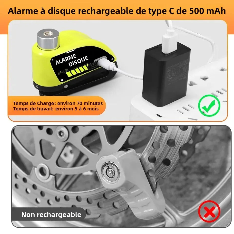 Rockbye Antivol à Disque avec Alarme 120 dB Rechargeable – Bloque-Disque Étanche pour Moto, Scooter et Vélo avec Câble de Sécurité
