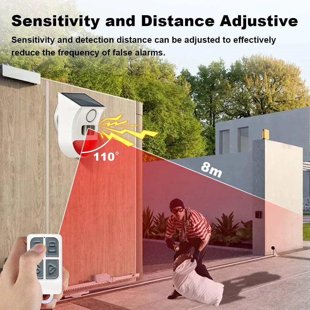 Sirena de alarma exterior solar WiFi con detector PIR ONENUO 108WT – 120 dB, Étanche IP65, control mediante aplicación