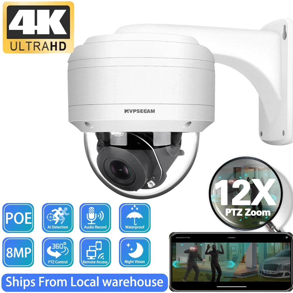 Caméra PTZ IP 4K 8MP Métal avec Zoom Optique 12X – Détection Humaine, Rotation 360°, Audio, PoE et Vision Nocturne 90 m