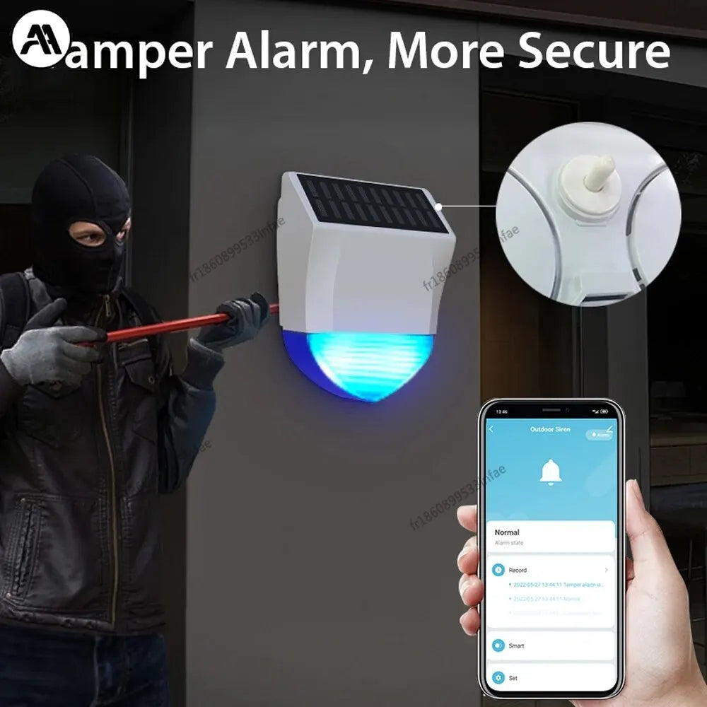 Solar-Außenalarm, angeschlossen an Tuya WiFi/Bluetooth mit PIR-Bewegungsmelder – Sirene Étanche mit alarmierendem Klang und leuchtendem Licht 