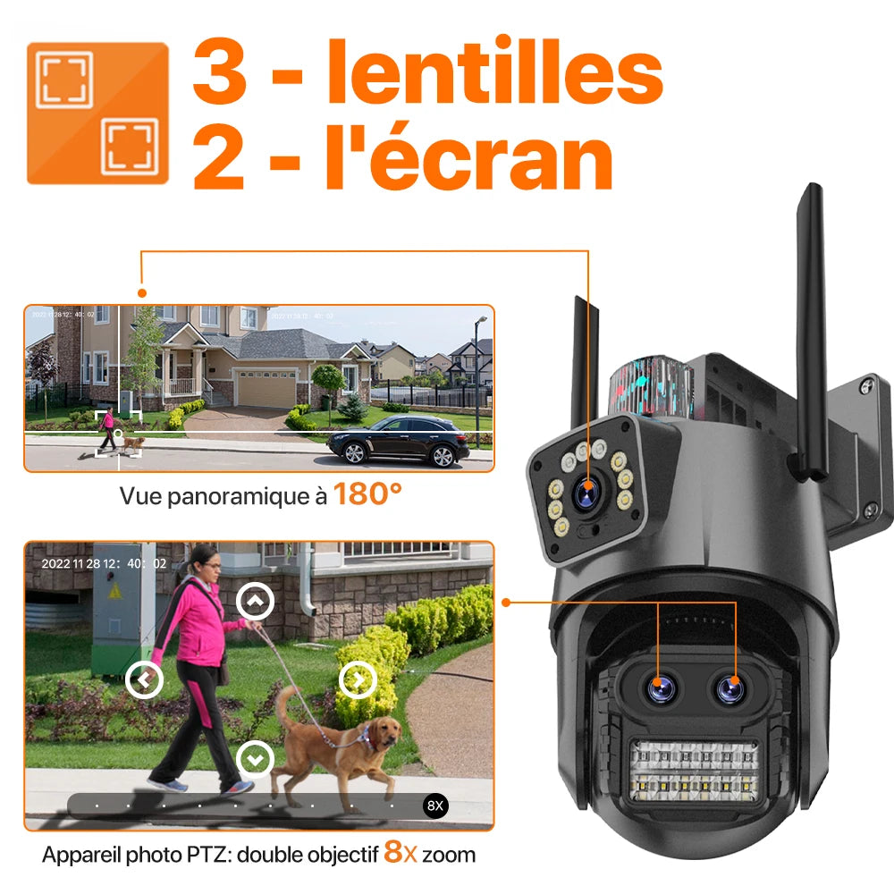 Caméra de Surveillance Wonsdar PTZ WiFi Triple Objectif 6K / Double Écran – Zoom Hybride 8X, Suivi Automatique, Vision Nocturne Couleur, Audio Bidirectionnel