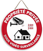Panneau Rond en Bois “Propriété Privée – Accès Interdit – Vidéosurveillance” – Decoración Murale Seguridad para Cour, Jardin et Allée 