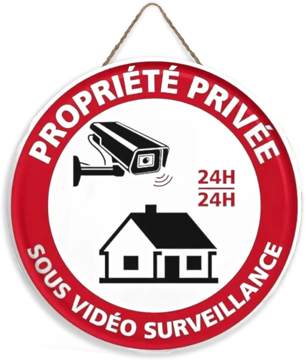 Panneau Rond en Bois “Propriété Privée – Accès Interdit – Vidéosurveillance” – Décoration Murale Sécurité pour Cour, Jardin et Allée