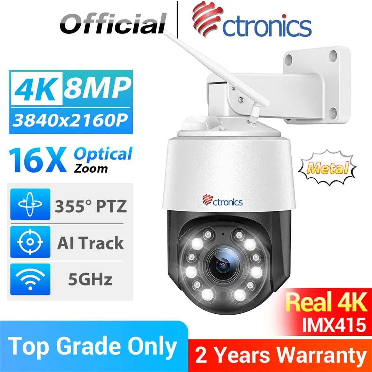 Caméra de Surveillance Ctronics 4K 8MP WiFi 5G Extérieure – PTZ 360°, Zoom Optique 16x, Vision Nocturne Couleur et Suivi Automatique