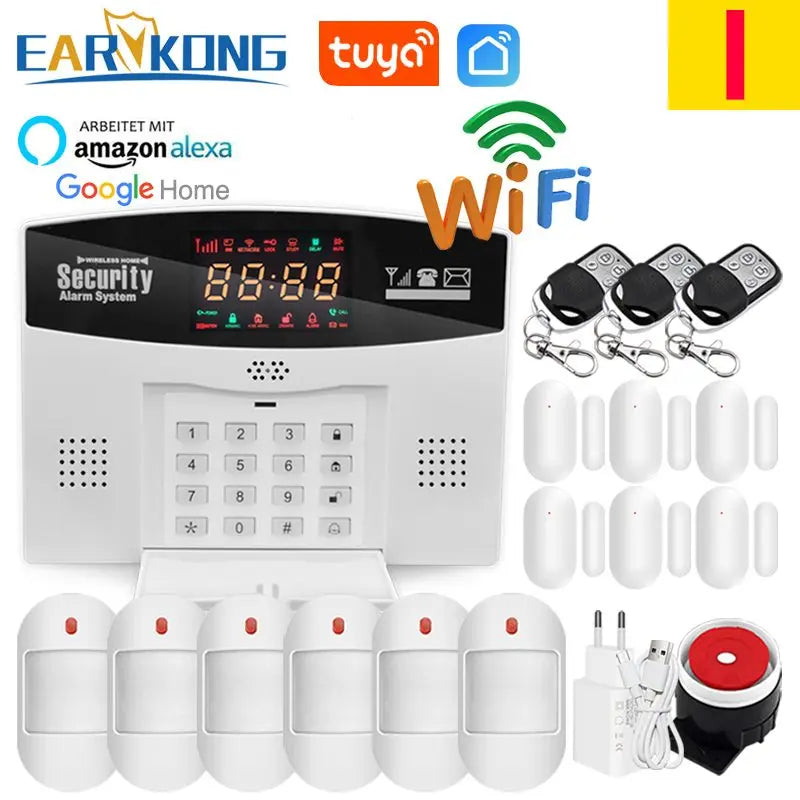 Earykong ER-TW99C – Hausalarmsystem mit WiFi- und GSM-Verbindung, Farbbildschirm, integrierter Sirene, Sonnenfunktion und Sans-Fil-Detektoren