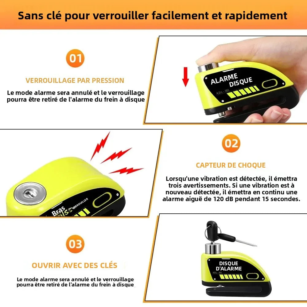 Rockbye Antivol à Disque avec Alarme 120 dB Rechargeable – Bloque-Disque Étanche pour Moto, Scooter et Vélo avec Câble de Sécurité