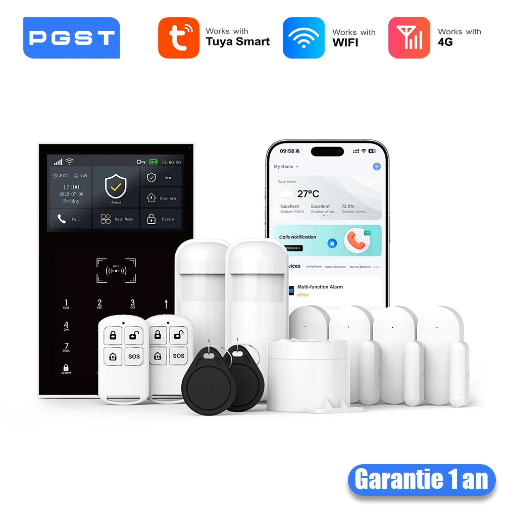 PGST A109F – WiFi-2,4G- und 4G-WiFi-Verbindungs-Alarmsystem, Tuya Smart Life-Sicherheitskit mit Bewegungsmelder und Schutzfunktionen