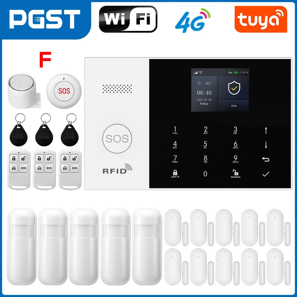 Sistema de alarma GSM Tuya PGST PG-105 con control por aplicación – Kit de seguridad conectado con detectores PIR y captadores de puerta/ventana para casa, garaje, oficina y boutique