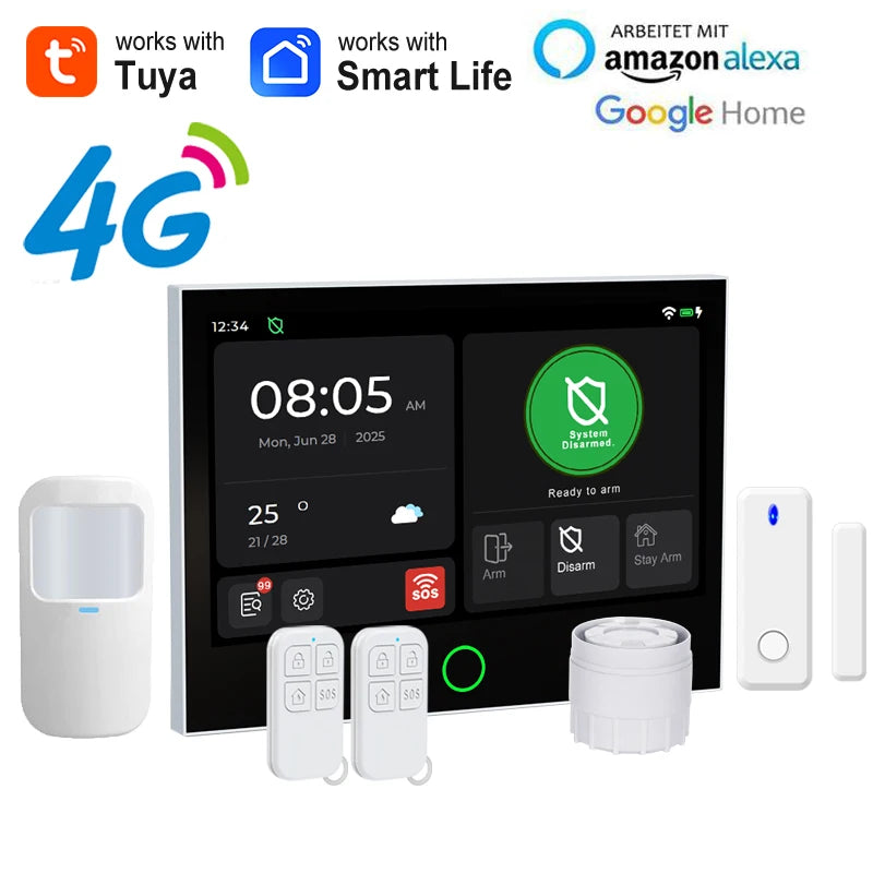 Système d’Alarme Maison Connecté Tuya WiFi 4G Earykong ER-G74 – Écran Tactile, Sirène, Contrôle App, Compatible Alexa et Google
