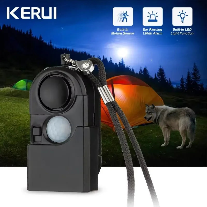 KERUI Alarma personal portátil con detector de movimiento PIR y Sirène 120 dB – Mini alarma de seguridad con LED SOS para viajes, casas y niños 