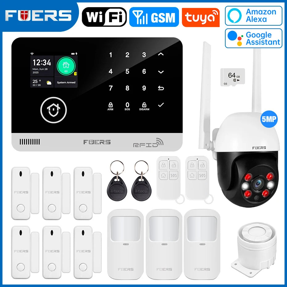 FUERS G03 Heimalarmsystem WiFi + GSM – Anti-Ventil-Zentrale mit farbigem Bildschirm, Sensoren und Steuerung über Tuya Smart, kompatibel mit Alexa