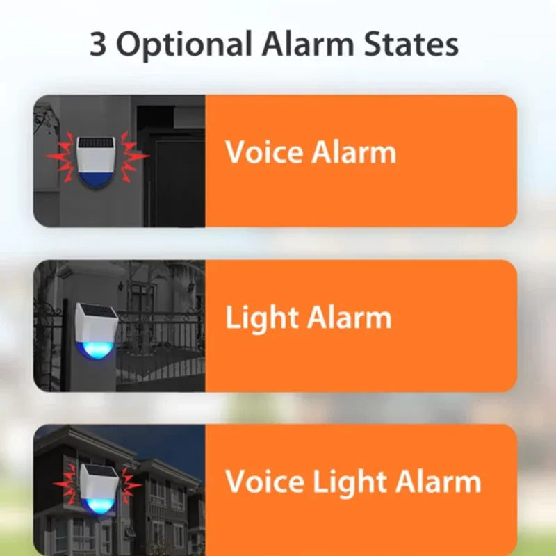 Sirène d’Alarme Extérieure Connectée Tuya WiFi ou Zigbee avec Panneau Solaire, Batterie Rechargeable et Étanchéité IPX5 – Alarme 95 dB