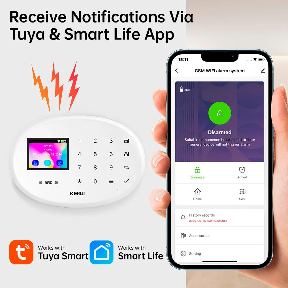 KERUI W202 – Sistema de alarma Maison Connecté Tuya WiFi &amp; GSM 433 MHz, Kit Seguridad Sans Fil con detector de movimiento, Capteurs Porte/Fenêtre et Sirène 