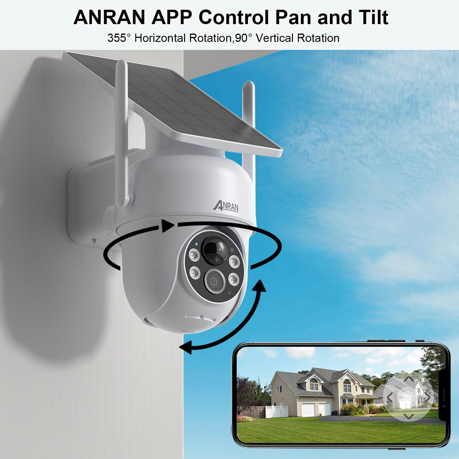 Caméra de Surveillance Solaire ANRAN 3MP / 5MP Extérieure WiFi 2,4 GHz – PTZ, Détection Humaine PIR, Vision Nocturne Couleur, Audio Bidirectionnel IP66