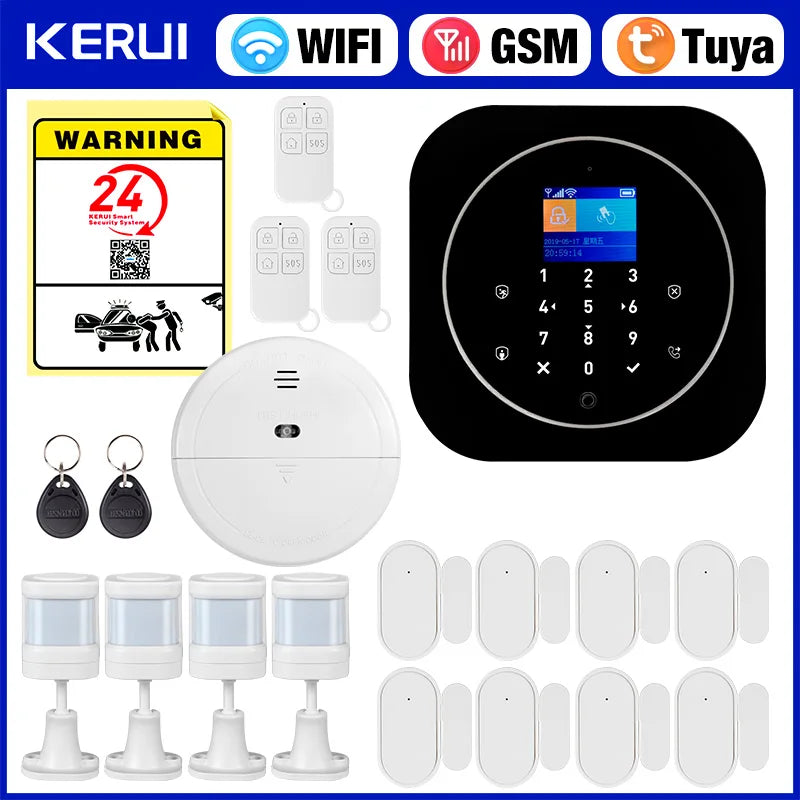 KERUI G12 – Drahtloses WLAN- und GSM-Alarmsystem für den Heimgebrauch mit Tuya-Anwendung, farbigem Bildschirm, Tür- und Bewegungsmelder
