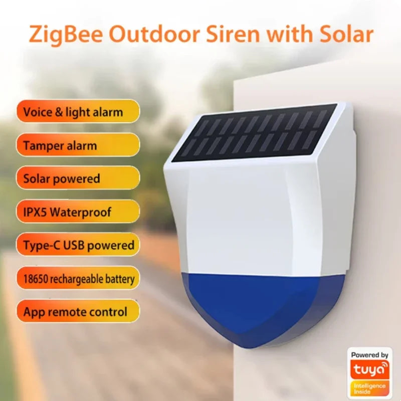 Sirène d’Alarme Extérieure Connectée Tuya WiFi ou Zigbee avec Panneau Solaire, Batterie Rechargeable et Étanchéité IPX5 – Alarme 95 dB