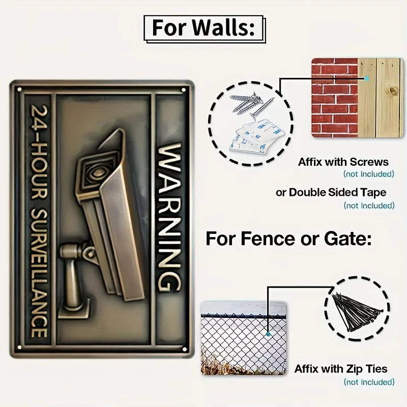 Panneau Avertissement Vidéosurveillance Vintage en Aluminium – Plaque Murale Sécurité avec Icône Caméra pour Maison, Garage et Bar