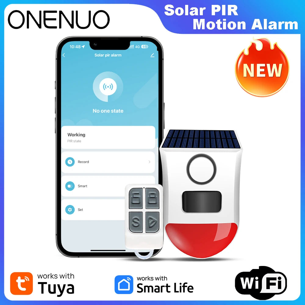 Sirena de alarma exterior solar WiFi con detector PIR ONENUO 108WT – 120 dB, Étanche IP65, control mediante aplicación