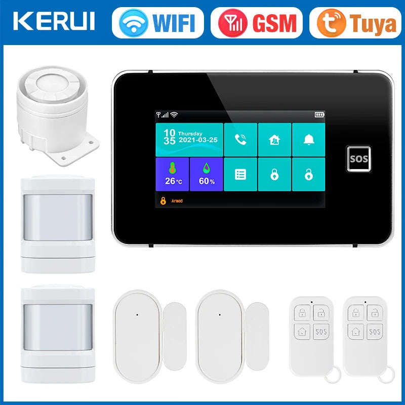 KERUI G60B – Hausalarmsystem mit Tuya-WiFi- und GSM-Verbindung mit taktilem 4,3-Zoll-Touchscreen, Temperatur- und Luftfeuchtigkeitsanzeige