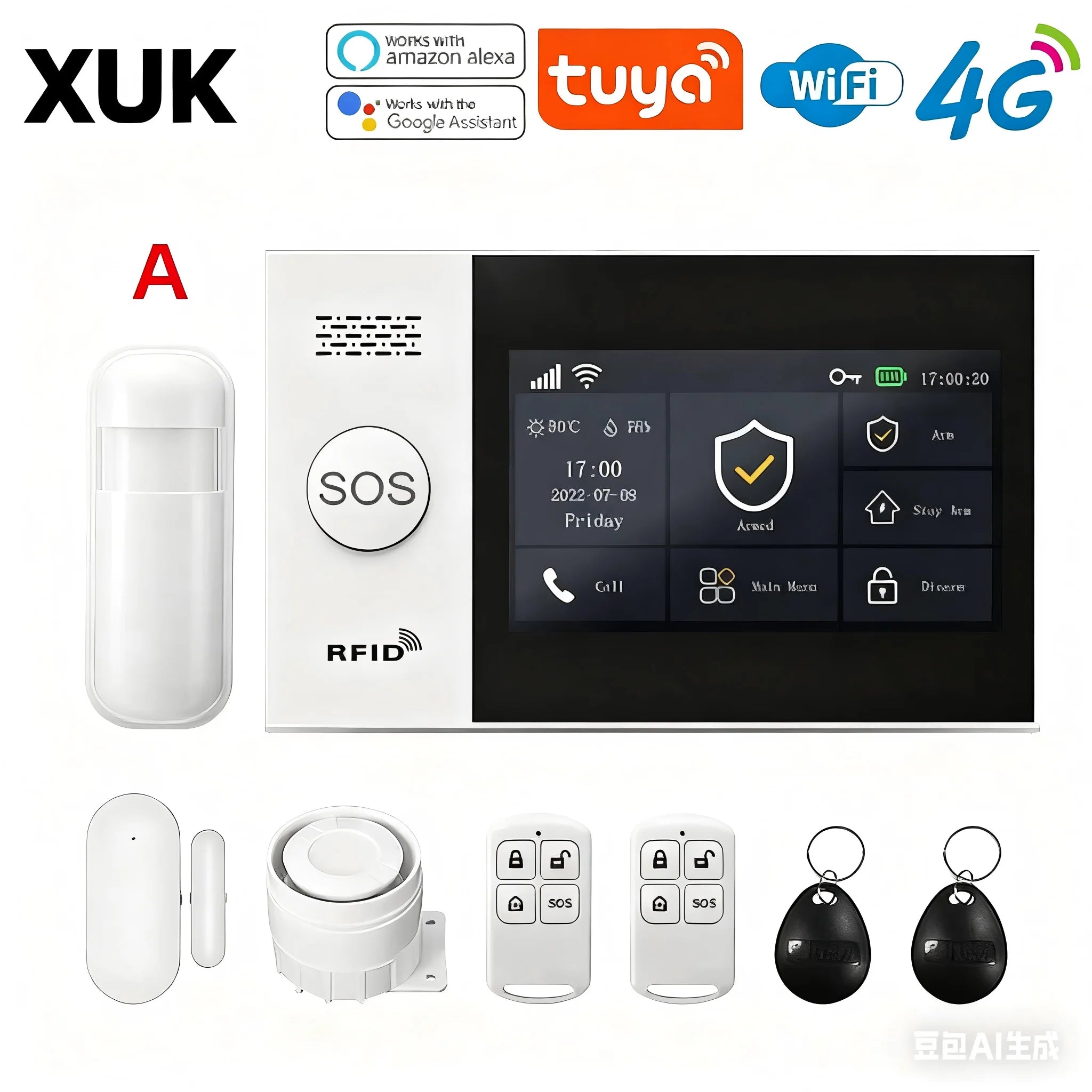 XUK PG-107 – Système d’Alarme Maison Connecté Tuya WiFi & 4G avec Écran Tactile 4,3", Sirène Puissante et Contrôle Intelligent