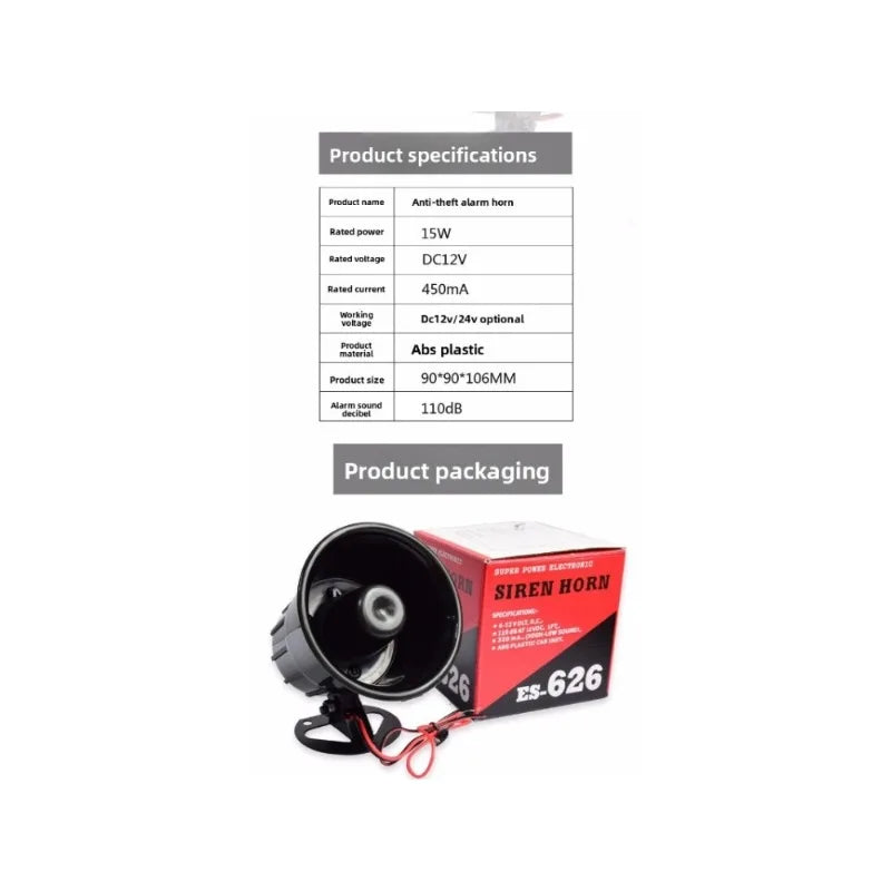 Sirène Filaire QHSPE 626 – Avertisseur Sonore 12V Haute Puissance pour Système d'Alarme Anti-Vol
