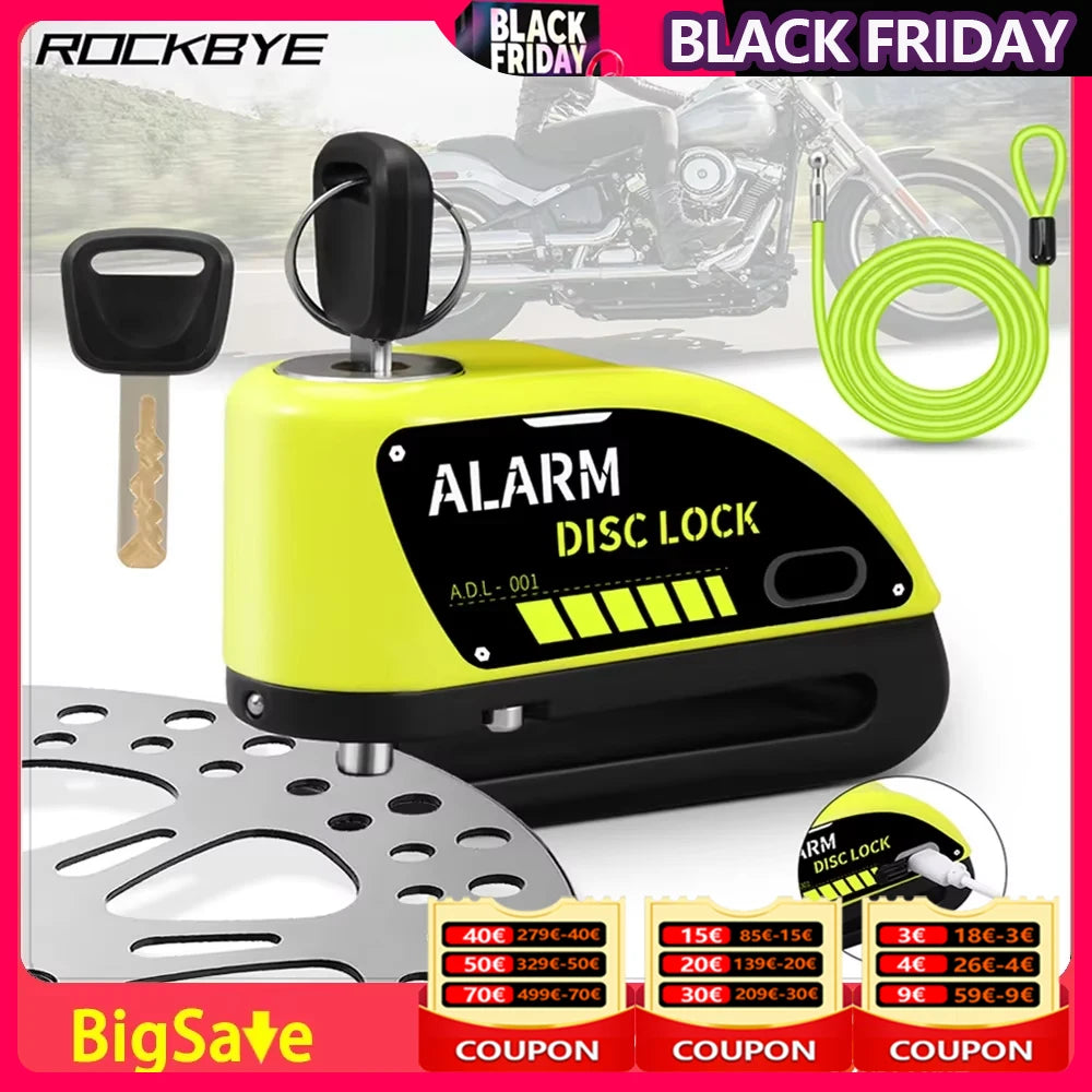 Rockbye Antivol à Disque avec Alarme 120 dB Rechargeable – Bloque-Disque Étanche pour Moto, Scooter et Vélo avec Câble de Sécurité