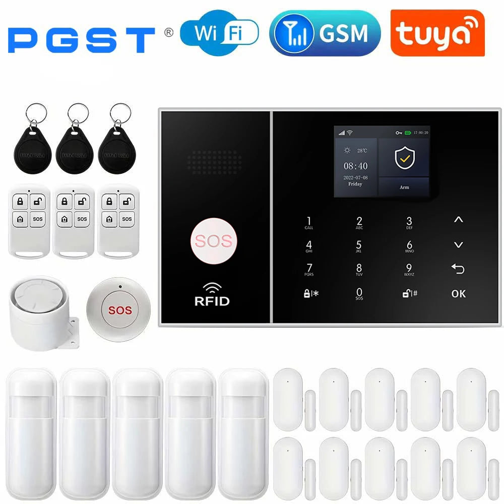 PGST 108-2G – Hausalarmsystem mit Tuya-WiFi- und GSM-Verbindung, Sans Fil-Sicherheitsset mit Tür-/Fenster- und Bewegungsmelder, Alexa-kompatibel