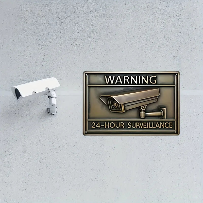 Panneau Avertissement Vidéosurveillance Vintage en Aluminium – Plaque Murale Sécurité avec Icône Caméra pour Maison, Garage et Bar