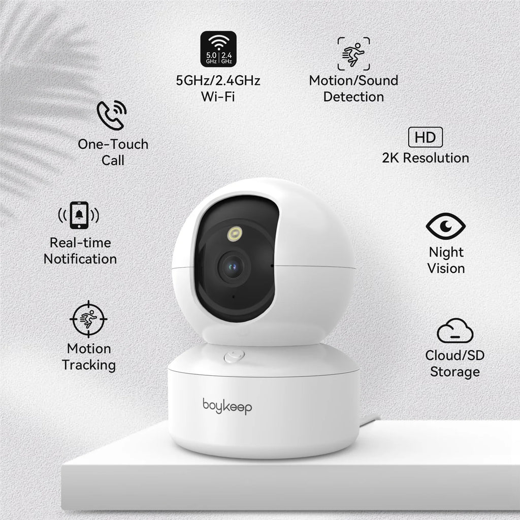 Caméra de Surveillance Intérieure BoyKeep 3MP WiFi 5G/2.4G – Suivi Automatique, Vision Nocturne Couleur et Audio Bidirectionnel