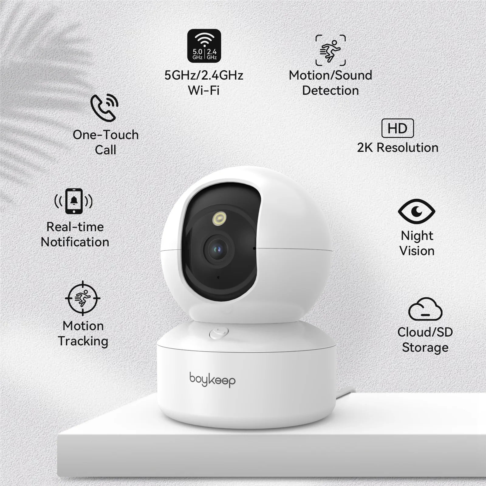 Caméra de Surveillance Intérieure BoyKeep 3MP WiFi 5G/2.4G – Suivi Automatique, Vision Nocturne Couleur et Audio Bidirectionnel