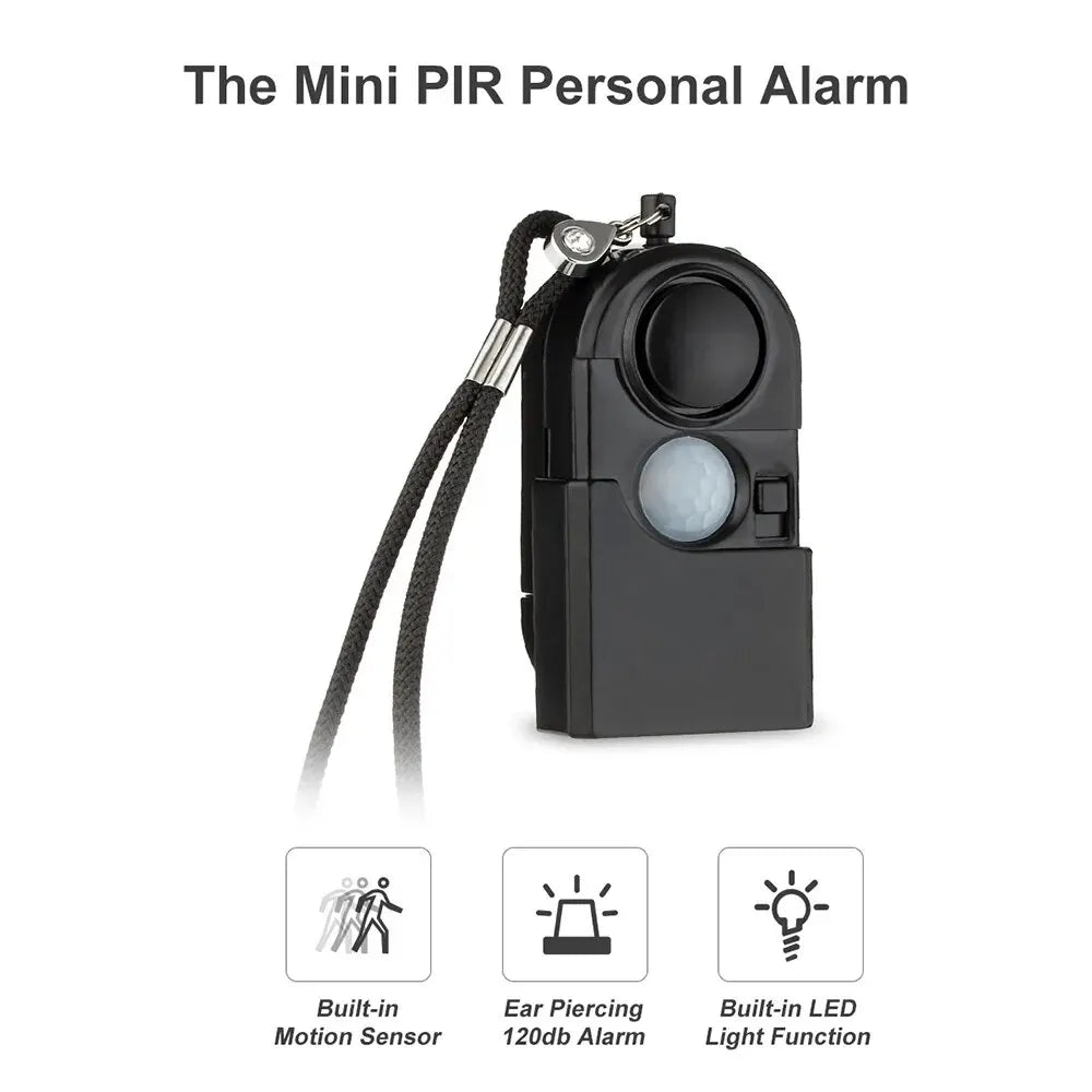 KERUI Alarma personal portátil con detector de movimiento PIR y Sirène 120 dB – Mini alarma de seguridad con LED SOS para viajes, casas y niños 