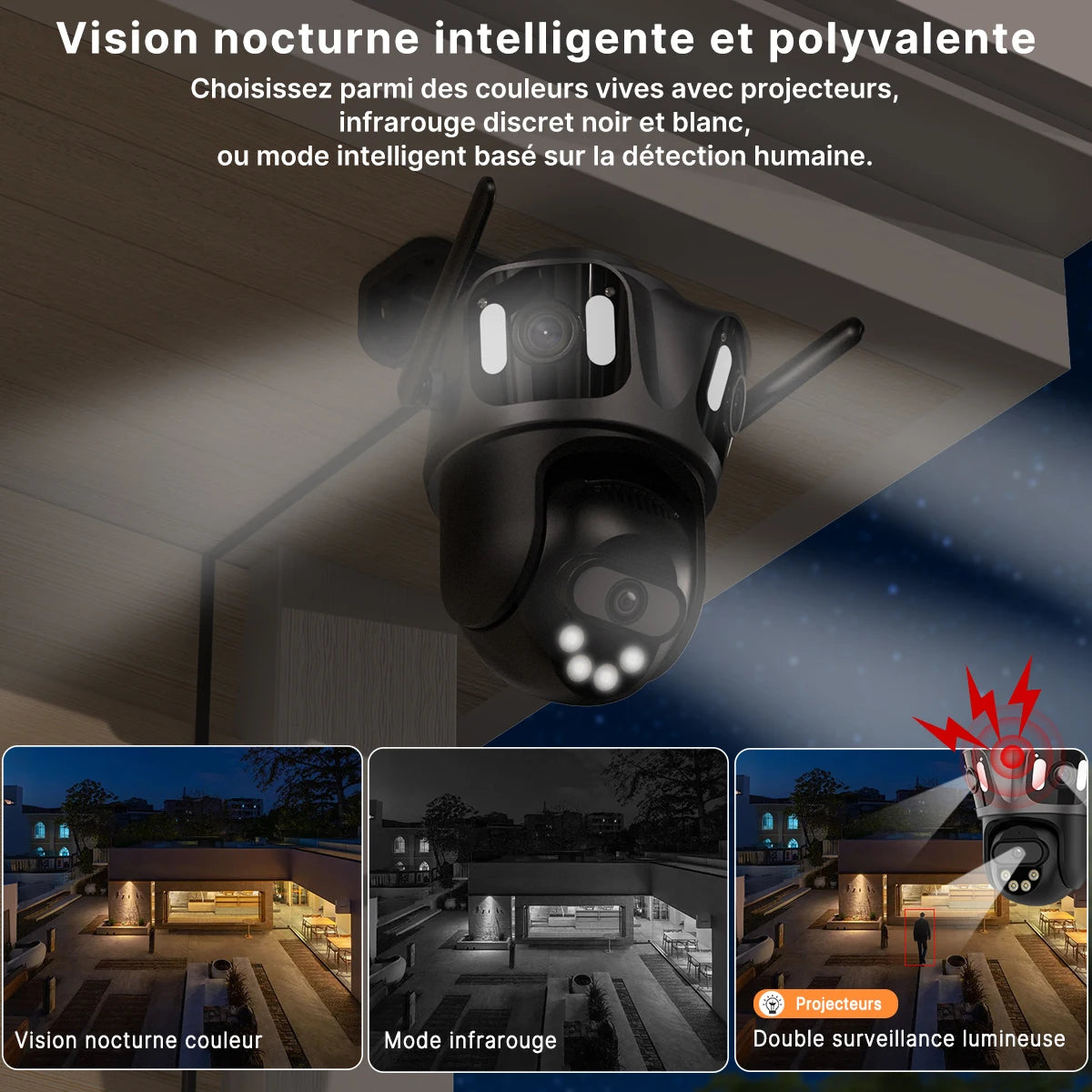Caméra de Surveillance Extérieure WiFi PTZ WONSDAR – Double ou Triple Objectif, Suivi Automatique, Vision Nocturne Couleur, Audio Bidirectionnel