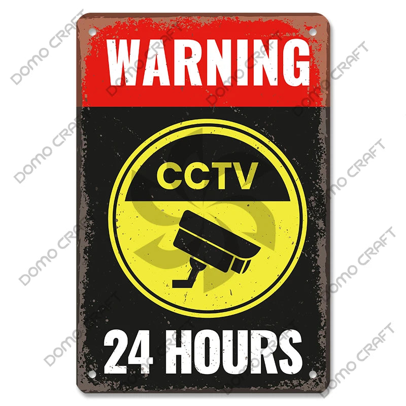 Panneau Avertissement CCTV Vintage en Métal 20x30 cm – Plaque Sécurité Vidéosurveillance 24h pour Mur, Boutique et Maison