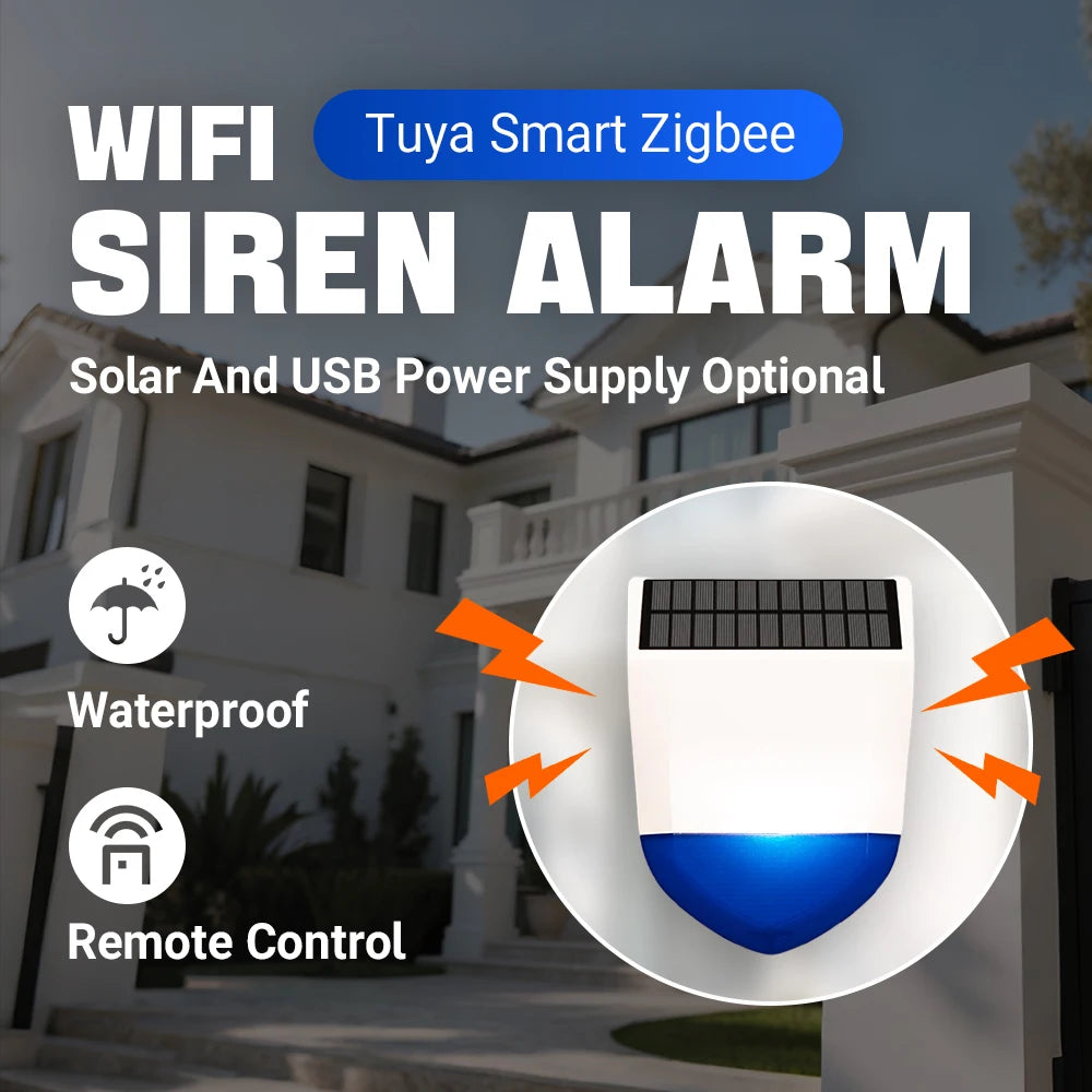 Sirène d’Alarme Extérieure Connectée Tuya WiFi ou Zigbee avec Panneau Solaire, Batterie Rechargeable et Étanchéité IPX5 – Alarme 95 dB