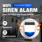 Sirène d’Alarme Extérieure Connectée Tuya WiFi ou Zigbee avec Panneau Solaire, Batterie Rechargeable et Étanchéité IPX5 – Alarme 95 dB
