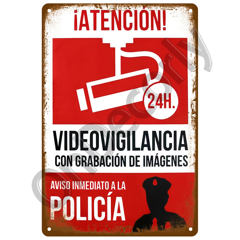 Panneau Vintage CCTV en Métal 20 x 30 cm – Plaque Murale “Vidéosurveillance 24h” pour Bar, Garage, Café et Maison