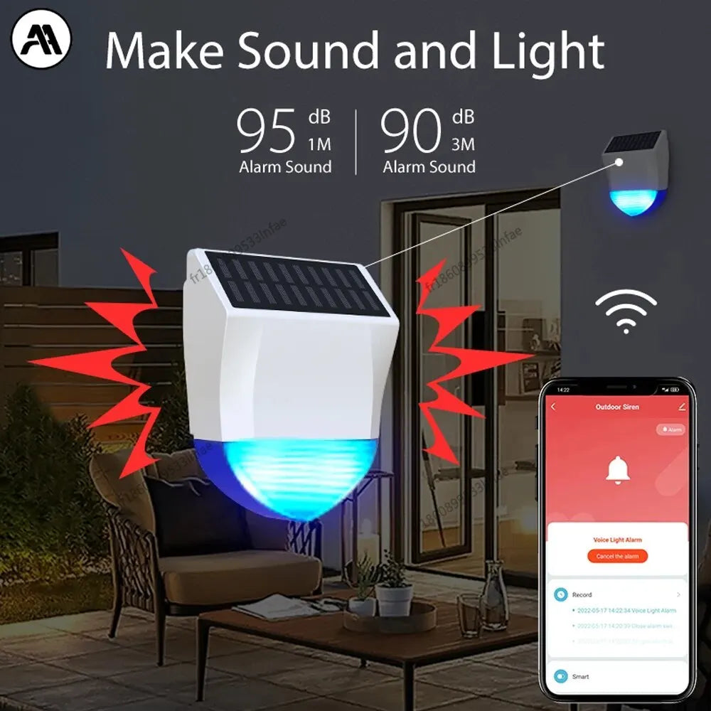 Alarma exterior Solaire Connectée Tuya WiFi/Bluetooth con detector de movimiento PIR – Sirène Étanche con alerta de sonido y luz 