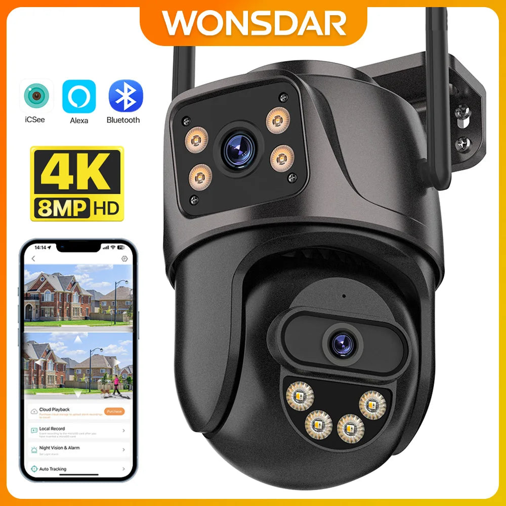 Caméra de Surveillance Wonsdar 4K PTZ WiFi Double Objectif – 8MP, Double Écran, Suivi Automatique, Vision Nocturne Couleur, Audio Bidirectionnel IP66