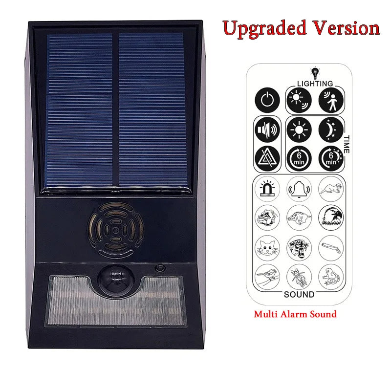 Alarme Solaire Extérieure avec Détecteur de Mouvement PIR et Sirène 129 dB – Lampe de Sécurité Multifonction avec Télécommande