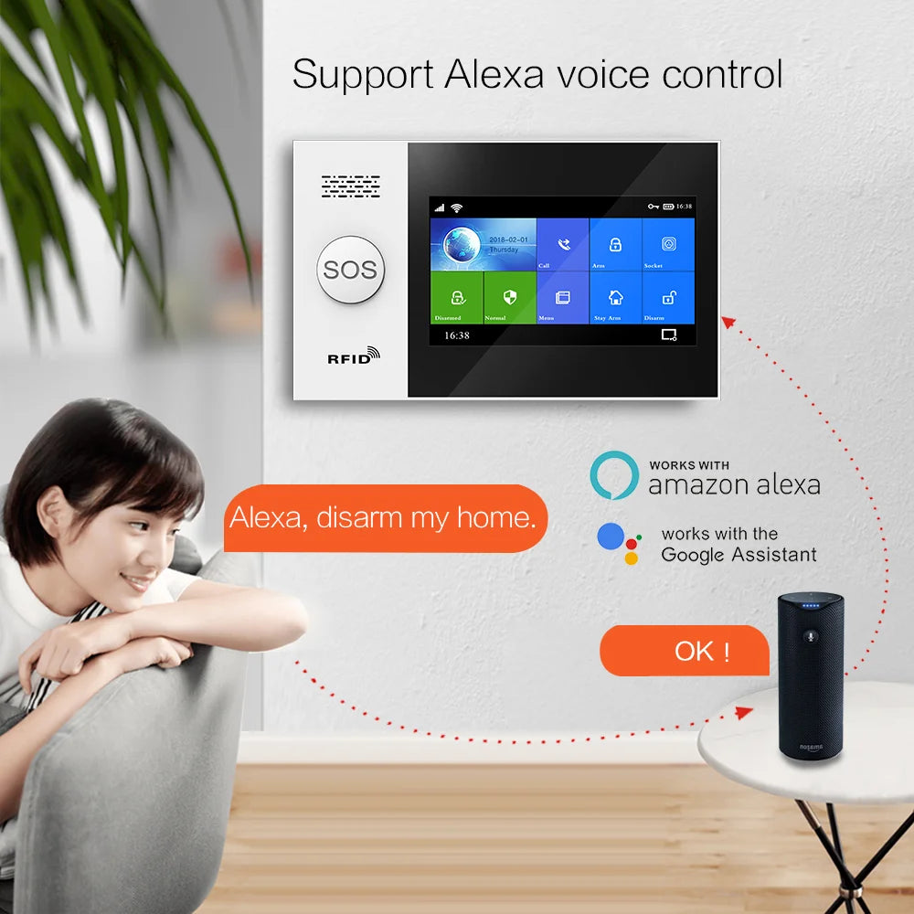PGST PG107 – Sistema de alarma Maison Connecté Tuya con pantalla táctil 4,3", WiFi y GSM, detectores de movimiento y humo